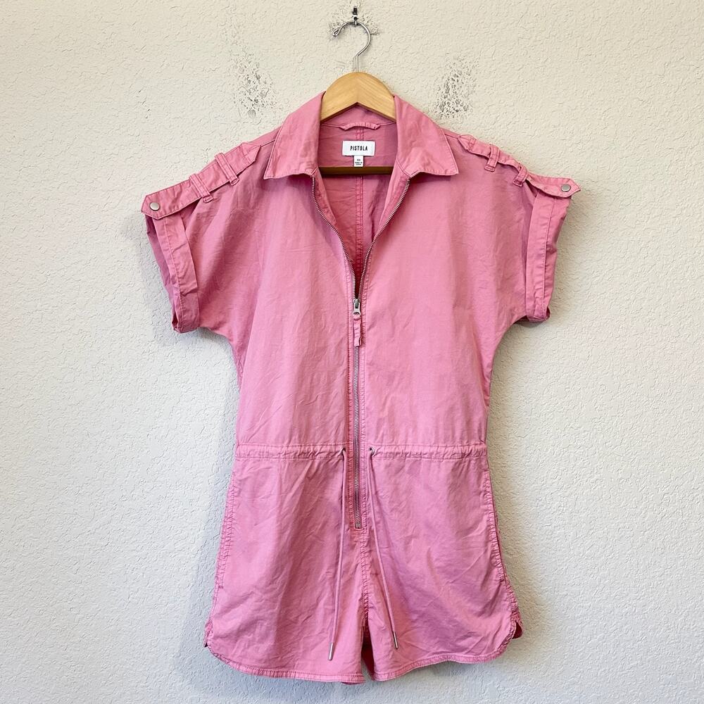 PISTOLA Meg Romper Flamingo Pink Utility Zip Up Short Sleeve One Piece